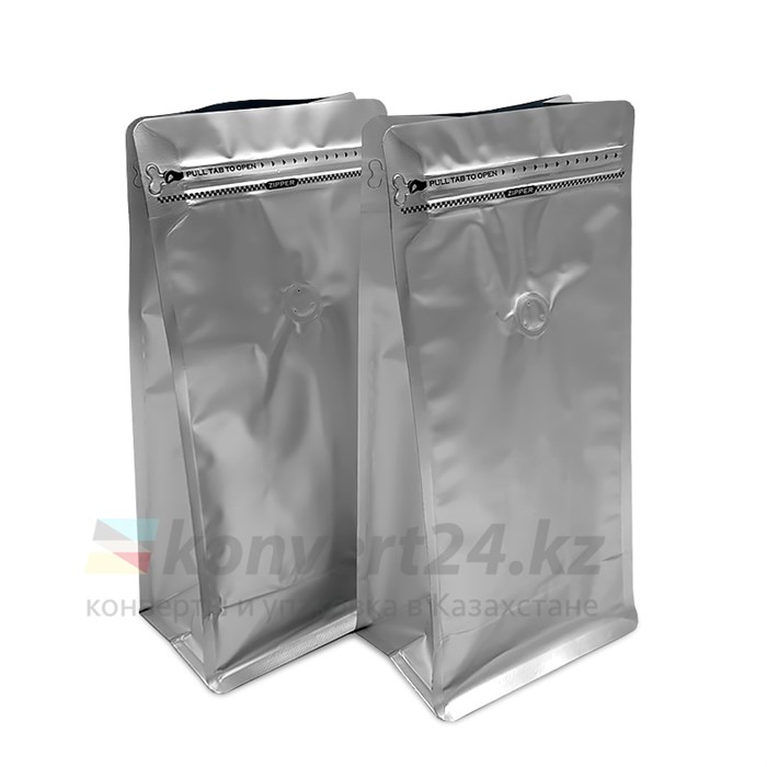 Пакет серебро для кофе 135*265+75 мм / 0.5 кг / 8-шовный с замком zip-lock / клапан дегазации - фото 5488