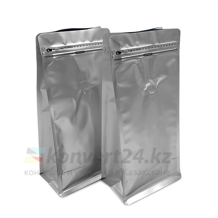 Пакет серебро для кофе 150*320+100 мм / 1 кг / 8-шовный с замком zip-lock / клапан дегазации - фото 5493