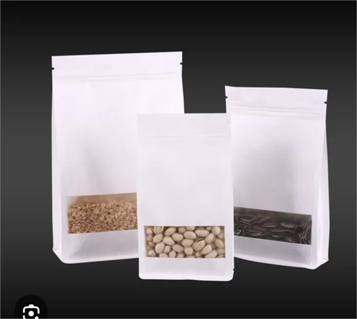 Восьмишовный Белый крафт дой-пак с окном 40 мм, 12*22+6мм, zip-lock К1511