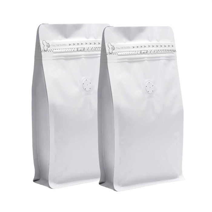Белый пакет для кофе 130*200+70 мм / 0.25 кг / 8-шовный с замком zip-lock / клапан дегазации К2102